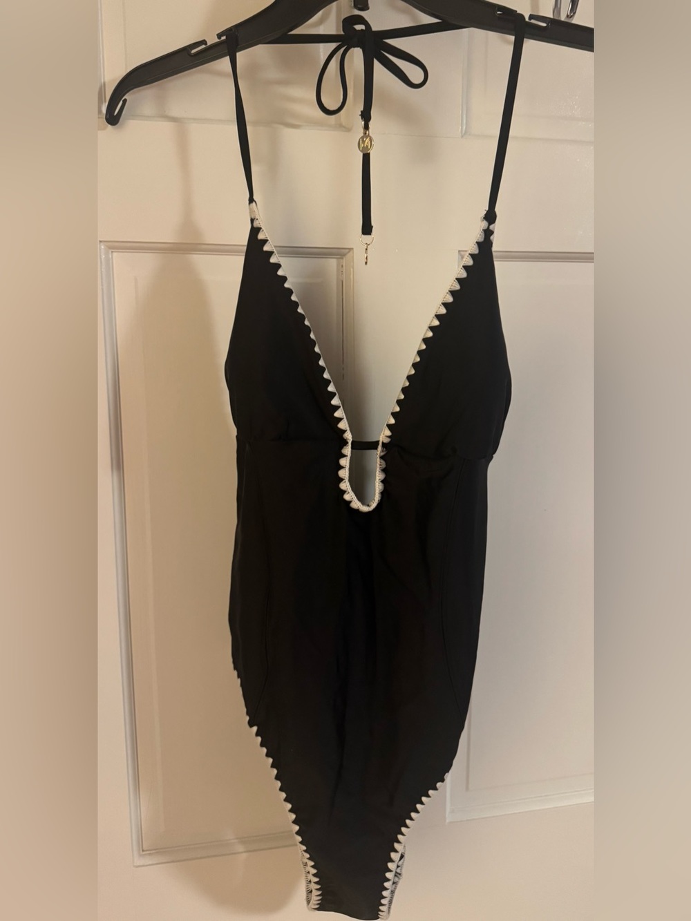 X Milly Cutout Crochet Trim One Piece Swimsuit L NWT BLK/White